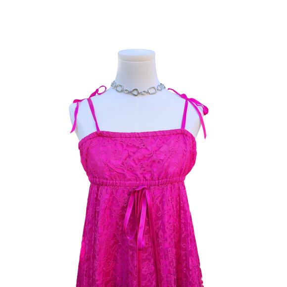 Vtg 60s 70s Union Made Barbie Hot Pink Empire Waist Lace Strappy Maxi Dress Sz S - Picture 2 of 8